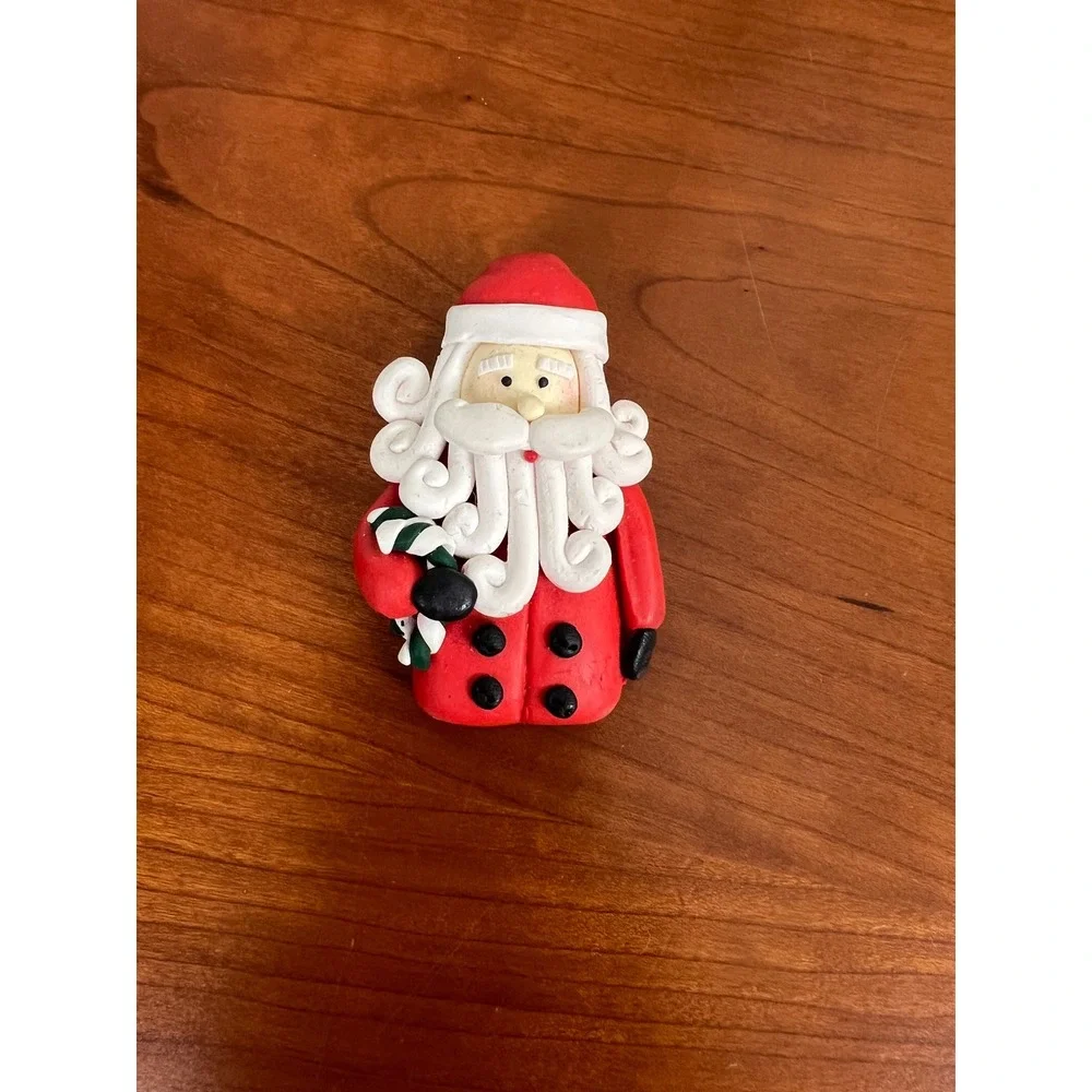 Vintage Handmade Polymer Clay Santa Claus Christmas Brooch Pin Holiday Folk Art